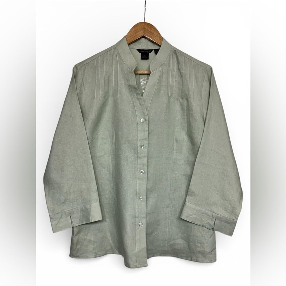 Quiet Luxury Sage Linen Mandarin Collar Blouse Ecologie XL